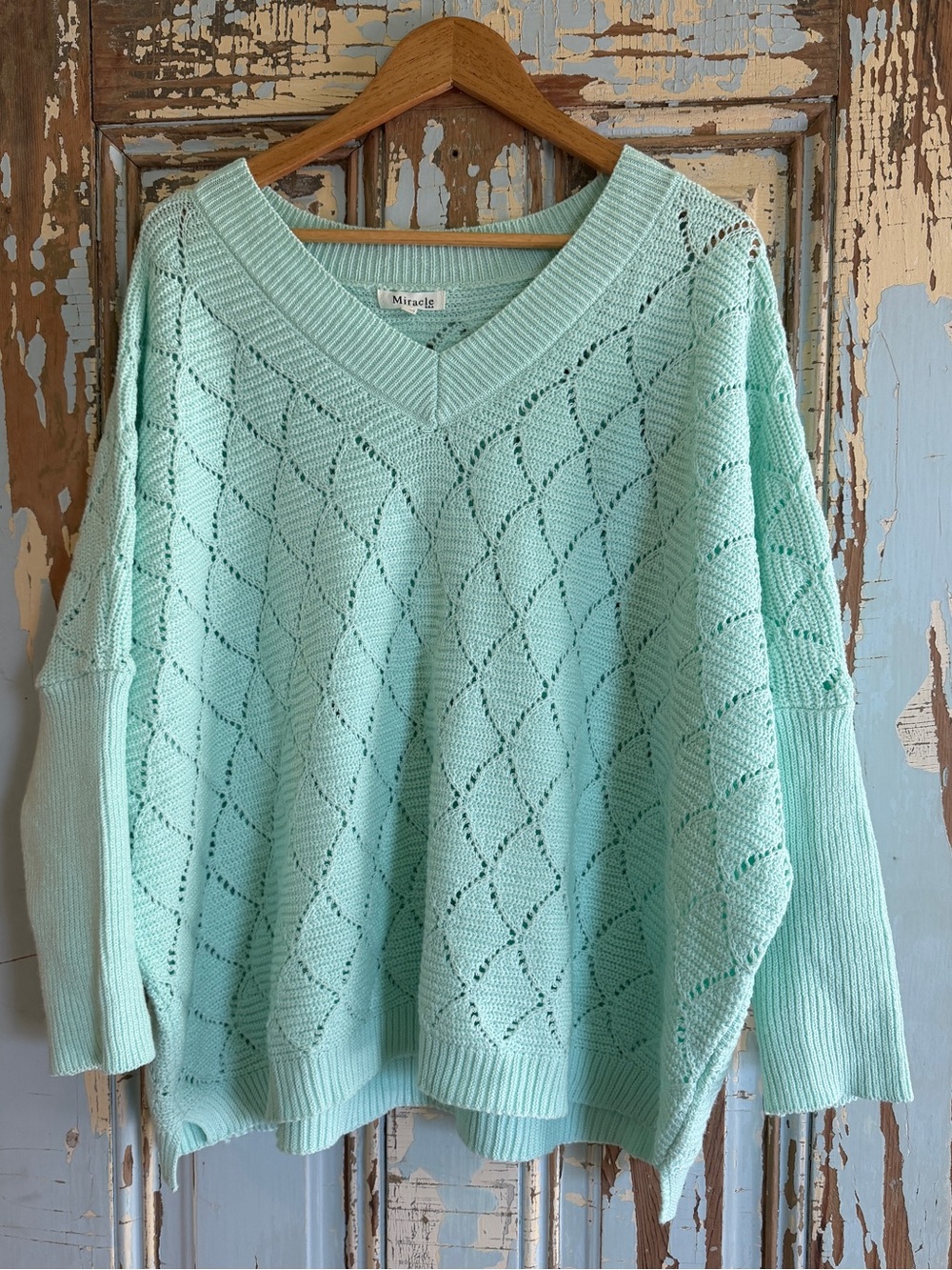 Mint Green V-Neck Open Knit Sweater